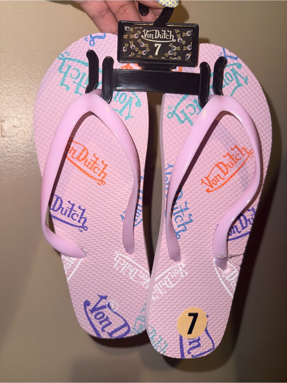 Von Dutch Pink Flip Flop Sandals with Multicolor Logo Print